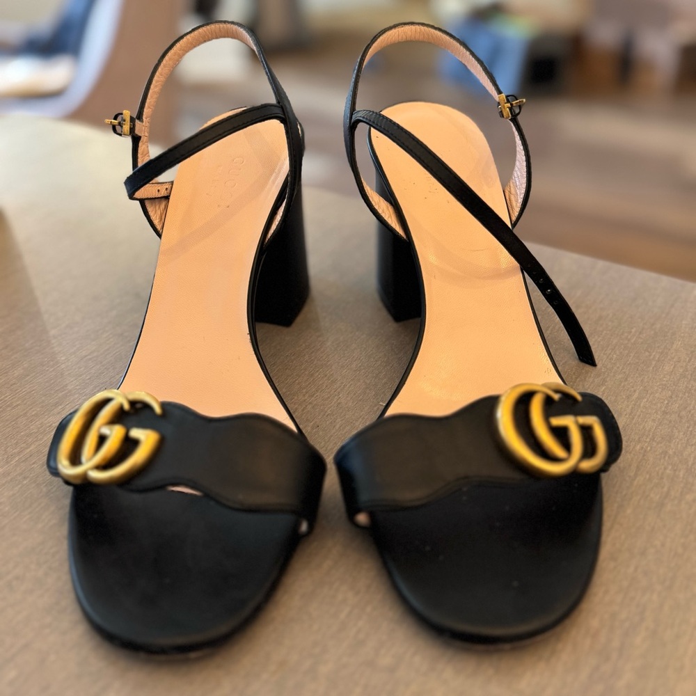 Gucci Double G Logo Mid-Heel Leather Sandals